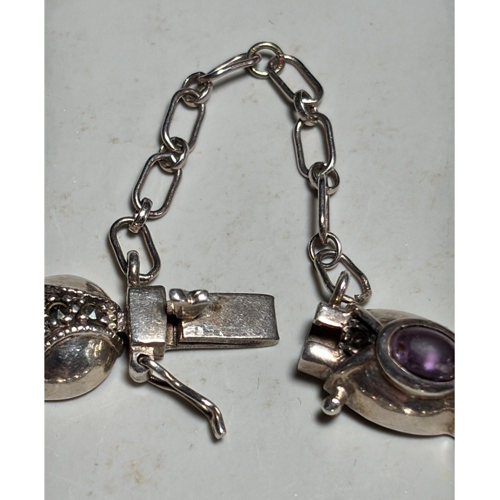 Vintage Sterling Silver Multi Gemstone Marcasite Ornate Link Bracelet 925 - Picture 4 of 13